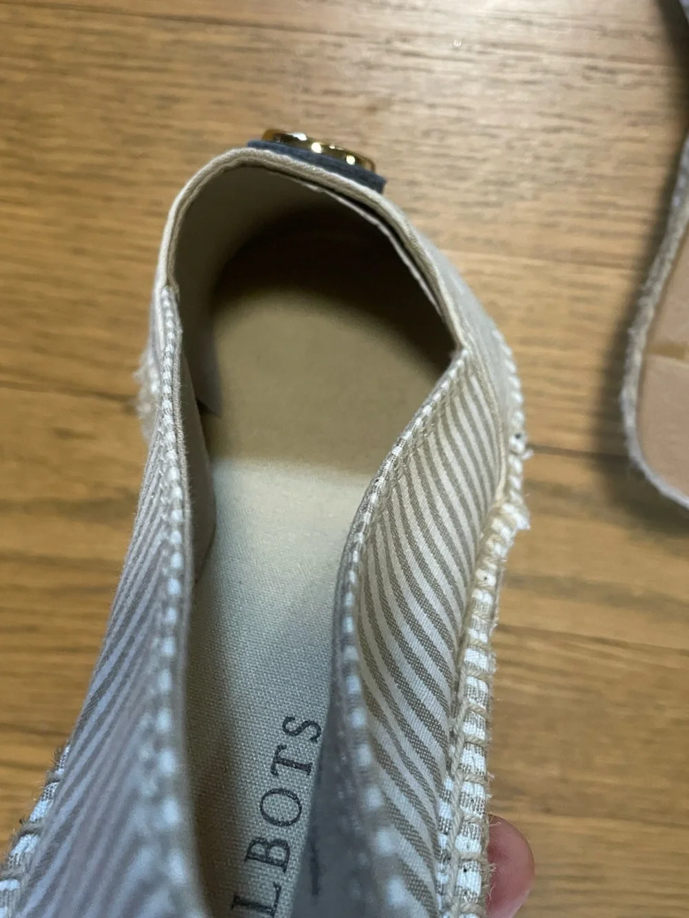 NWOT - Talbots Striped Canvas Espadrille Flats Dragonfly Gold Emblem - Sz 7.5